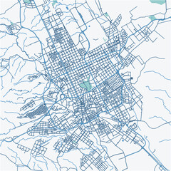 Map of Riyadh in Saudi Arabia in blue. Contains layered vector with roads water, parks, etc.