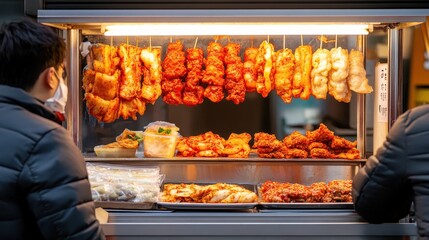 Vibrant street food stall showcasing a variety of grilled meats and tasty snacks, perfect for food lovers and culinary adventures.