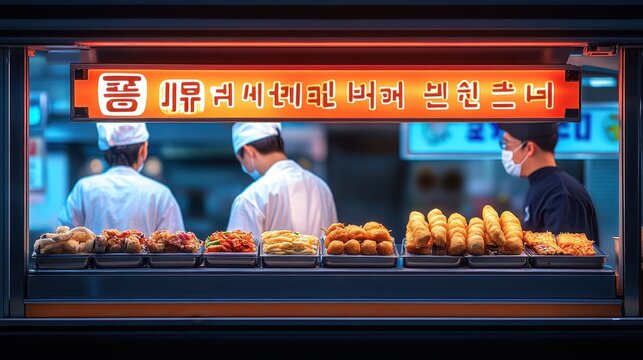 Vibrant food stall showcasing a variety of delicious snacks, featuring chefs in action and tempting treats on display.