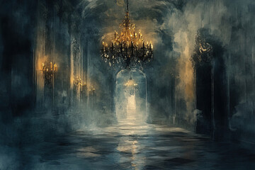 A moody, atmospheric scene featuring an elegant chandelier in a misty hallway, exuding mystery and vintage charm.