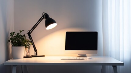 A minimalist workspace with a black LED desk lamp lighting up a white desk, featuring a clean, clutter-free setup.