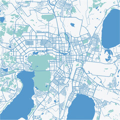 Map of Chelyabinsk in Russia in blue. Contains layered vector with roads water, parks, etc.