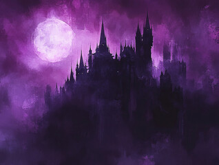 A mysterious castle silhouette against a purple night sky, illuminated by a glowing moon, creating an enchanting atmosphere.