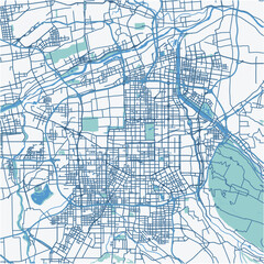 Map of Xi in an in blue. Contains layered vector with roads water, parks, etc.