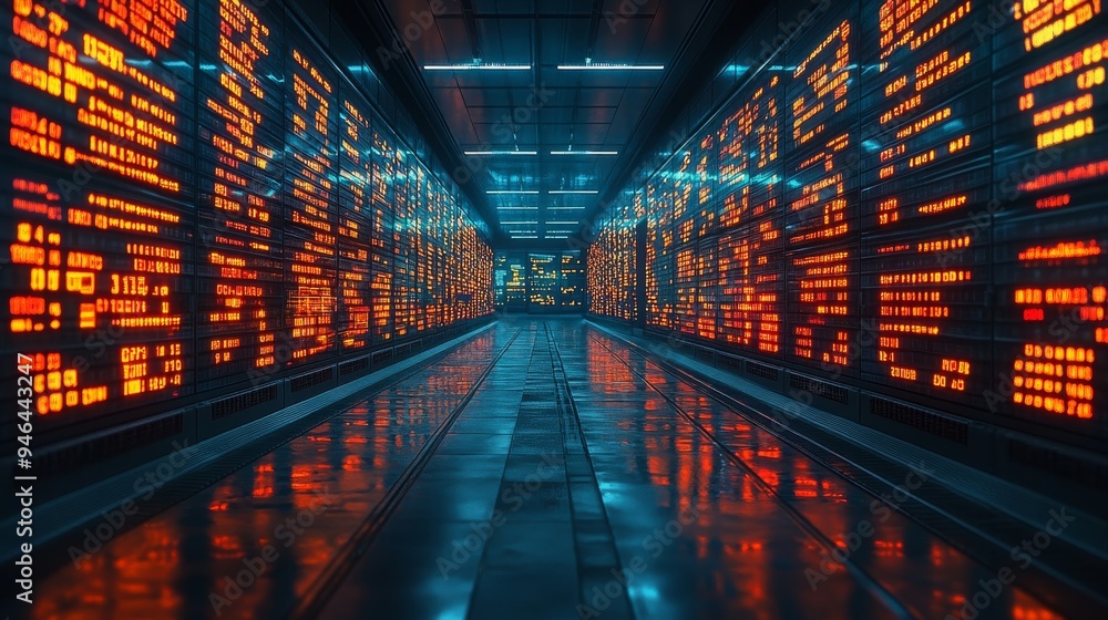 Poster holographic displays illuminate a dark corridor, featuring real-time algorithmic trading data and fi