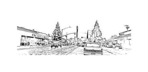 Print Building view with landmark of Stockton is the city in California. hand drawn sketch illustration in vector.