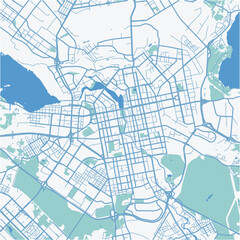 Map of Yekaterinburg in Russia in blue. Contains layered vector with roads water, parks, etc.