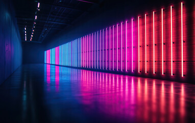 A vibrant hallway illuminated with colorful neon lights, casting reflections on the polished floor for an energetic atmosphere.