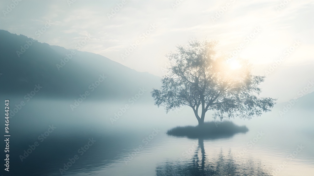 Poster a conceptual image of a landscape gently illuminated by a soft glowing light creating a serene and t