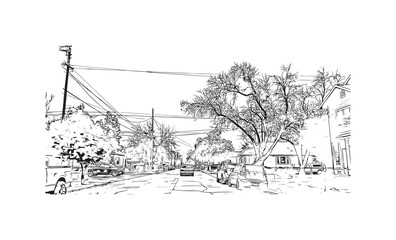 Fototapeta premium Print Building view with landmark of Stockton is the city in California. hand drawn sketch illustration in vector.