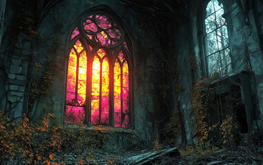 Fototapeta premium An eerie abandoned space with vibrant stained glass windows illuminating a dark interior, surrounded by nature's reclaiming touch.