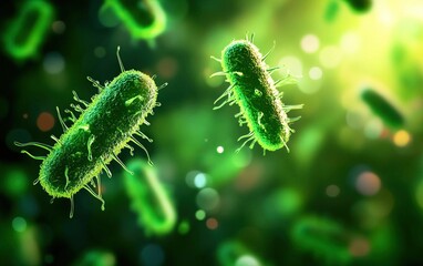 Fototapeta premium Microscopic view of vibrant green bacteria floating in a luminous environment, showcasing the beauty of microbiology.