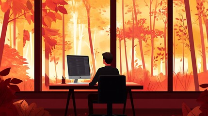 Fototapeta premium A person sits at a desk with a computer, looking out a window at a forest. The forest has orange and yellow leaves.