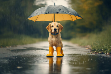Cute labrador retriever dog in rain boots with umbrella. © oliamogdaleva