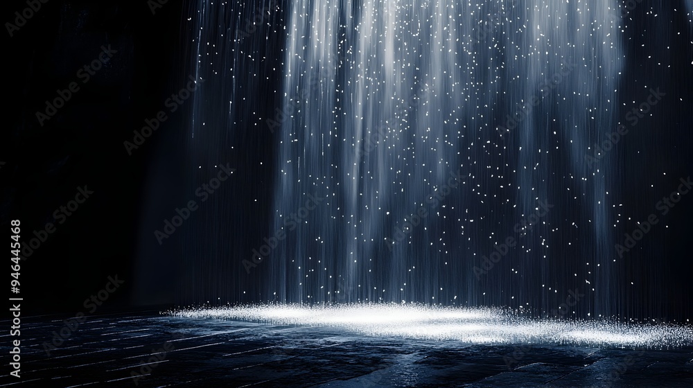 Poster conceptual image of luminous light cascading down like a tranquil waterfall splashing and diffusing 