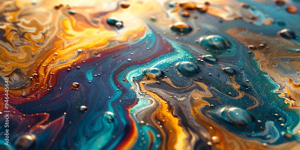 Poster mesmerizing swirls of vibrant abstract oil spill inspired artwork with chaotic color patterns