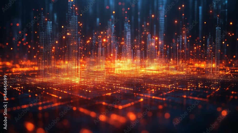 Poster dynamic holographic displays illustrate data transfers in a vibrant, futuristic environment filled w