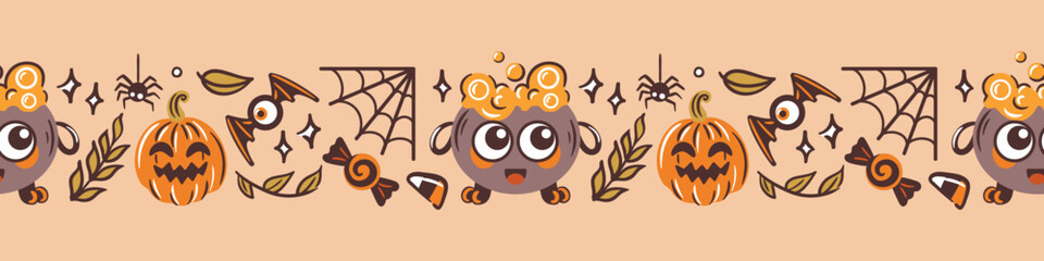 Adorable Halloween Themed Characters Featuring Colorful Pumpkins and Creepy Spiders. Horizontal seamless border, kawaii style. For wallpaper, fabric, wrapping, background.