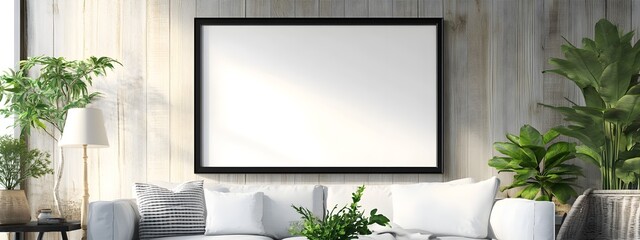 Sleek Floating Frame Mockup Showcased in a Cozy Farmhouse Style Living Room Interior with High Contrast Clean Aesthetics and a Contemporary Vibe
