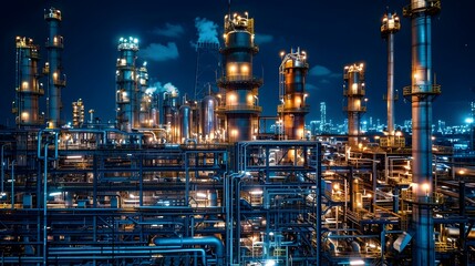 Illuminated Oil Refinery Complex with Towering Structures at Night