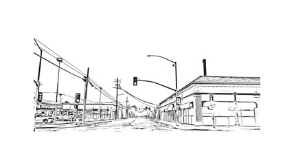 Print Building view with landmark of Stockton is the city in California. hand drawn sketch illustration in vector.
