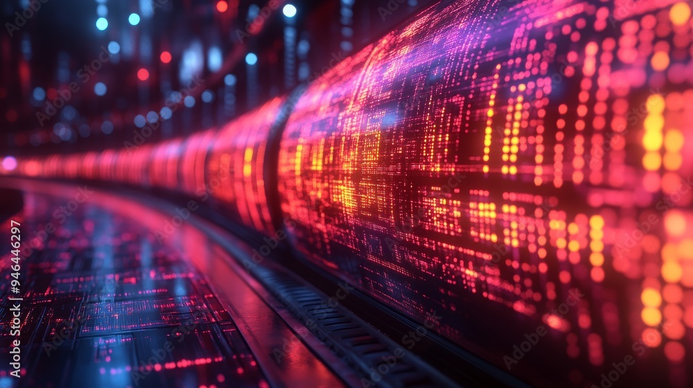 Poster in a futuristic tunnel, vibrant holographic displays illuminate the space with colorful data pattern