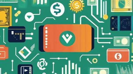 A digital wallet displays various currency symbols and payment methods on a vibrant green background showcasing financial technology
