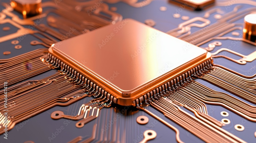 Poster close-up view of a modern copper microprocessor on a circuit board, showcasing intricate details and
