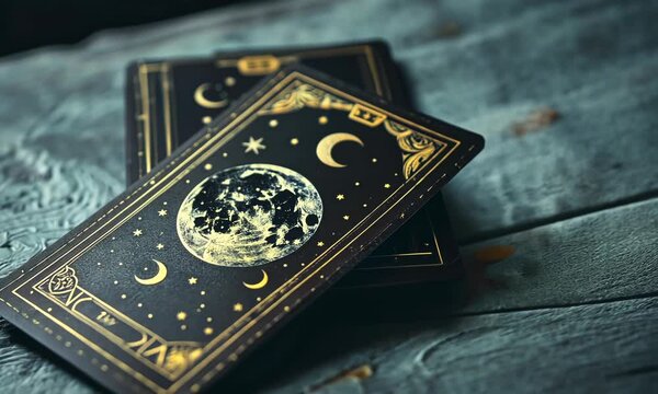 Mystic tarot cards with moon and stars on a wooden table