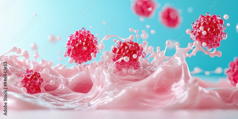 Poster vibrant pink droplets splash in a dynamic wave, creating a visually stunning and energetic compositi