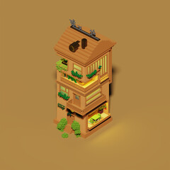 3D Rendered Vintage Wooden Voxel House 