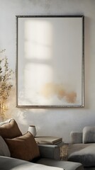 Stylized 3D Mockup Frame in Rustic Farmhouse Living Room with Abstract Brushstrokes and Warm Cinematic Glow  Digital Render of Contemporary Farmhouse Decor for Home Interior Design
