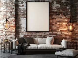 Stylish Sleek Metal Mockup Frame against Exposed Brick Walls in a Farmhouse Living Room with Pops of Color and Industrial Lighting Creating a Modern and Cozy Urban Farmhouse Decor