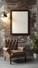 Surreal digital art showcasing a mockup frame in a cozy farmhouse inspired living room interior  The scene features a vintage leather chair exposed brick accent wall and warm hued lighting
