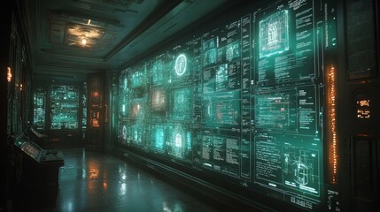 A high-tech room features multiple holographic displays presenting encrypted messages, with a futuristic aesthetic and glowing blue elements.