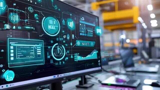 Computer analyzes production in a factory, showcasing technology and industry efficiency