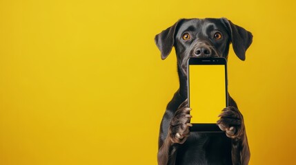 Black labrador dog holding a smartphone with a yellow screen on a yellow background. Mockup.