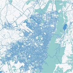 Map of Bogota in Colombia in blue. Contains layered vector with roads water, parks, etc.