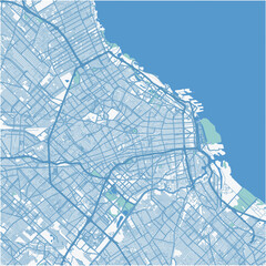 Map of Buenos Aires in Argentina in blue. Contains layered vector with roads water, parks, etc.