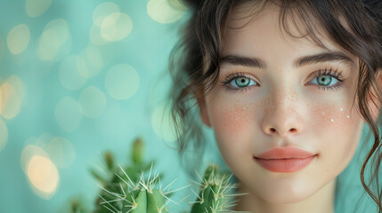 Fototapeta premium Beautiful girl advertising face cream aftershave hair removal youth with a cactus