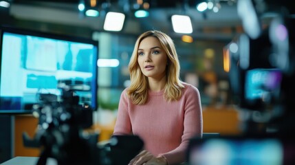 Fototapeta premium Female news anchor delivering a report in a professional studio with cameras and lights focused on her