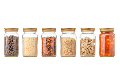 A collection of glass jars filled with various spices, grains, and beans, showcasing natural ingredients for a healthy kitchen.