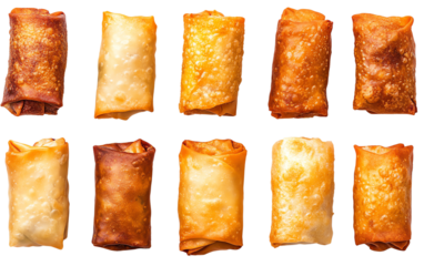 A row of crispy golden egg rolls arranged neatly, showcasing their delicious texture and appealing color. Perfect for food photography.