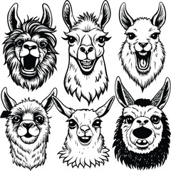 Llama various faces hand drawn sketches silhouette vector art illustration