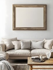 Vintage Inspired Wooden Frame Hanging Above Neutral Sofa in Cozy Rustic Farmhouse Living Room with Distressed Color Finish and Countryside Ambiance 3D Visualization