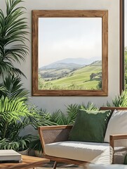 Vintage Inspired Wooden Frame Mockup Accentuating Feature Wall in Modern Farmhouse Living Space with Mid Century Modern Furnishings Lush Greenery and Rolling Hills in the Background