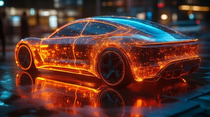 A futuristic car with holographic displays of fuel efficiency metrics shines brightly in a bustling urban intersection at night.