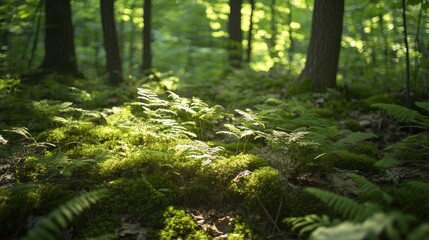 Obraz premium Close-up of a forest floor with ferns, moss, and small saplings, sunlight dappling through the canopy