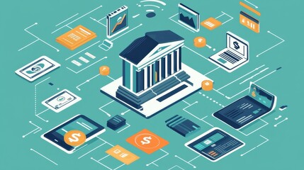 A detailed illustration showcases a financial ecosystem with digital devices connecting to a central banking hub, representing modern finance