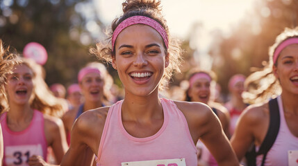 Smiling women running in breast cancer awareness race with pink shirts